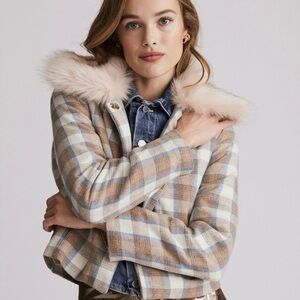 Anthropologie Plaid Jacket with Faux Fur Collar